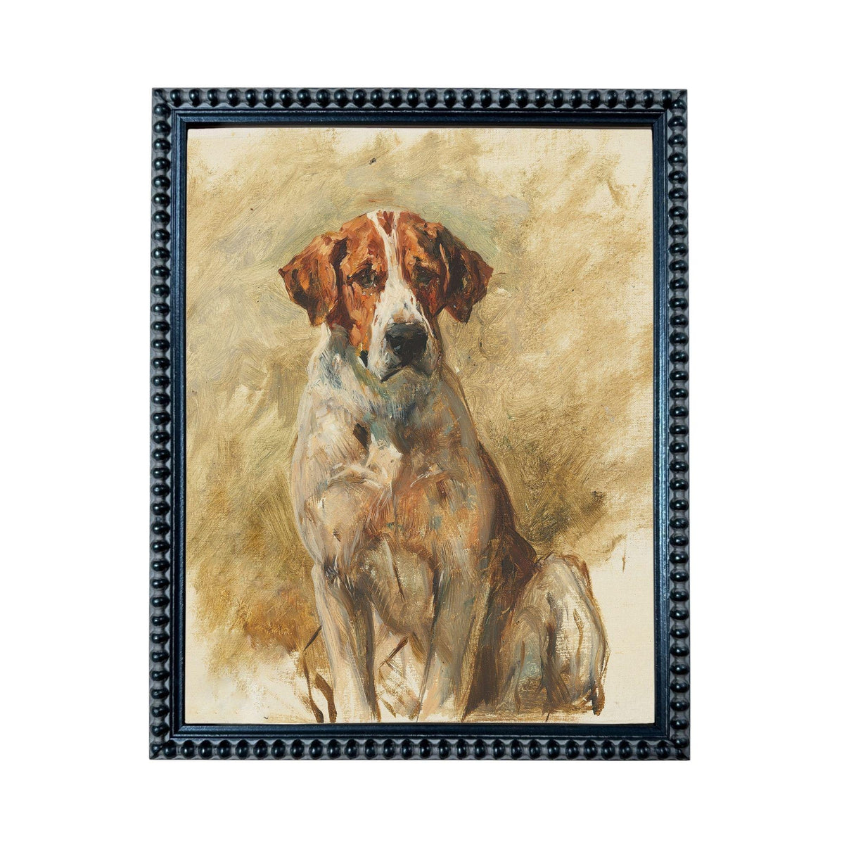 The image is a painting of a dog, likely a hunting dog, sitting in a field.