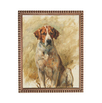 The image is a painting of a dog, likely a hunting dog, with a brown and white color palette and a detailed depiction of the dog's features.