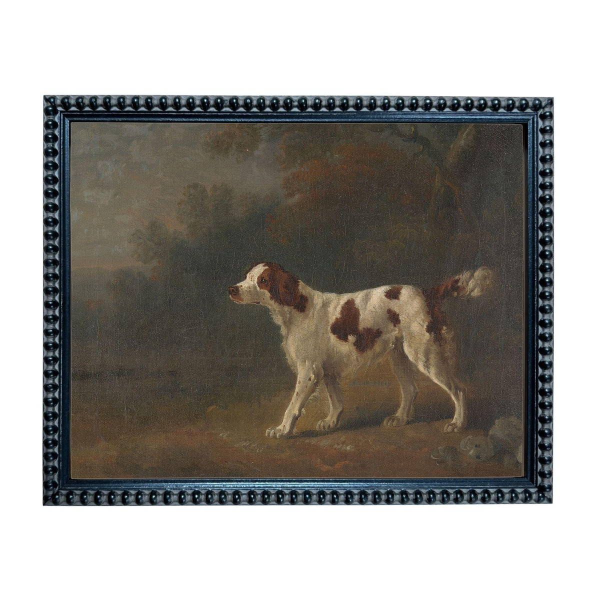 A painting of a white and brown dog standing in a forested area.
