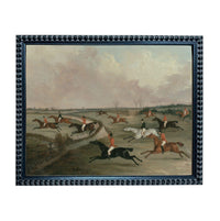 The image is a painting depicting a group of people riding horses in a field, with some horses galloping and others running.