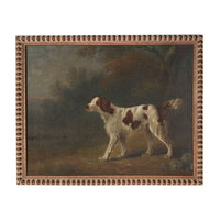 A painting of a white and brown dog standing in a field, with trees and a cloudy sky in the background.
