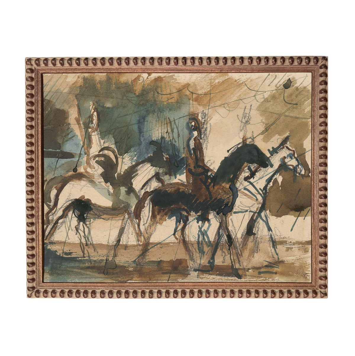 The image is a painting depicting a group of people riding horses in a field.