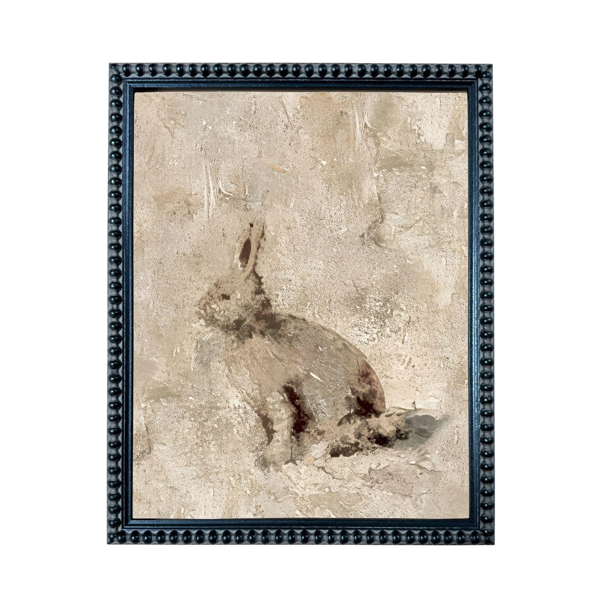 The image is a framed painting of a rabbit sitting on the ground.