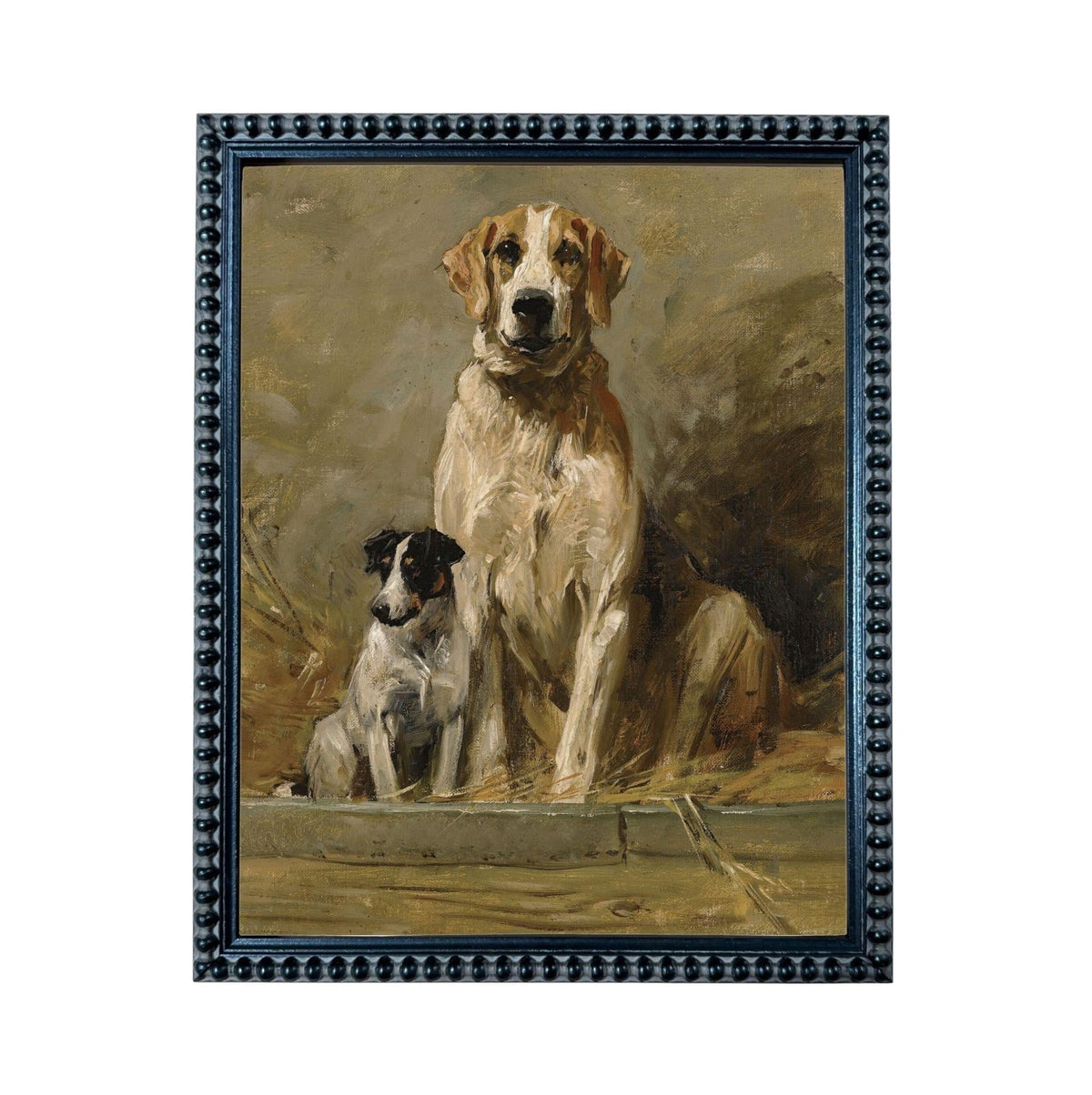 A framed painting depicting two dogs, one large and one small, sitting together in a natural setting.