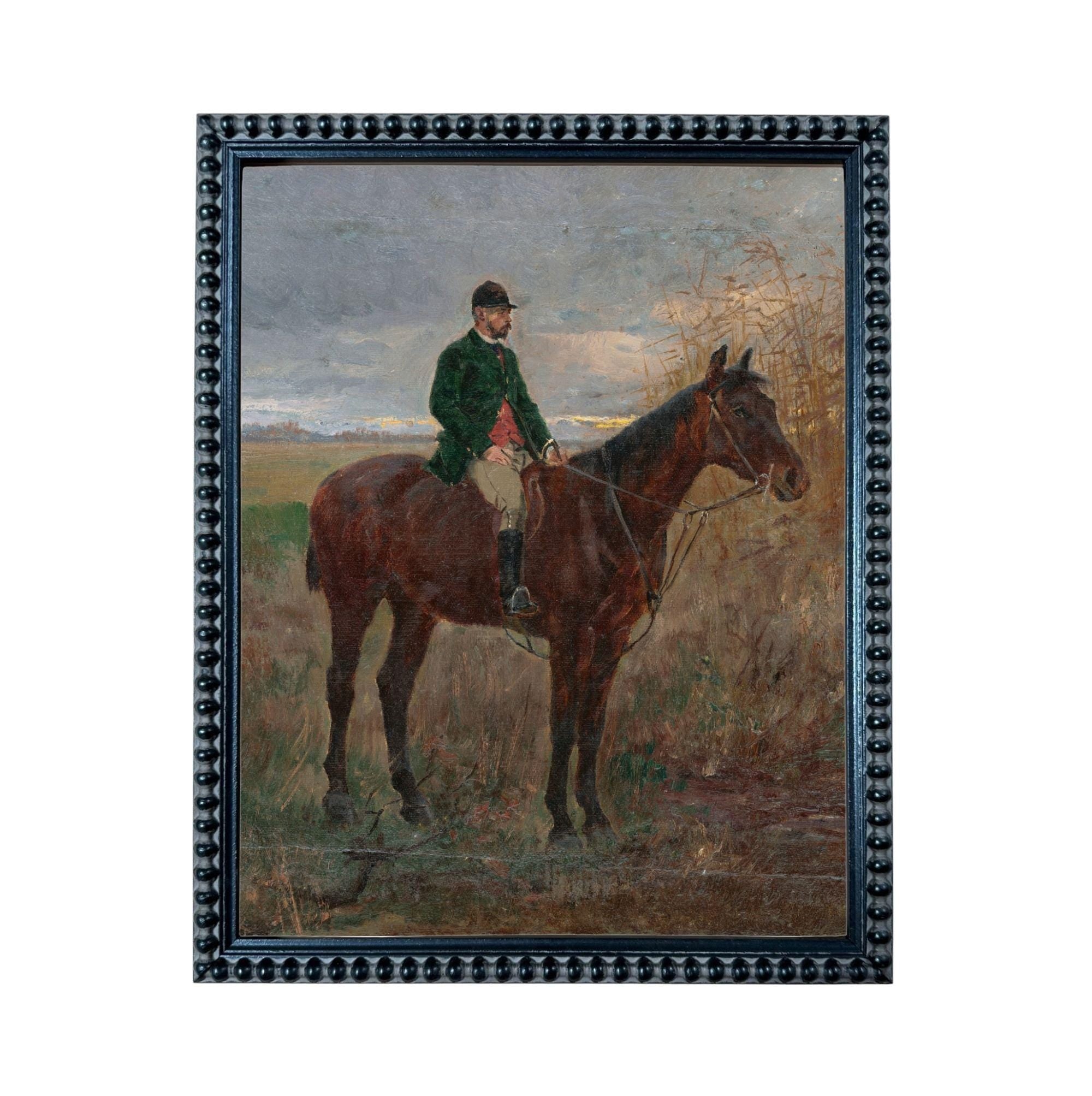 A painting of a man riding a horse in a field, with a cloudy sky in the background.