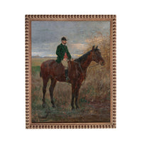 A man in a green jacket is riding a brown horse in a field, with a cloudy sky in the background.