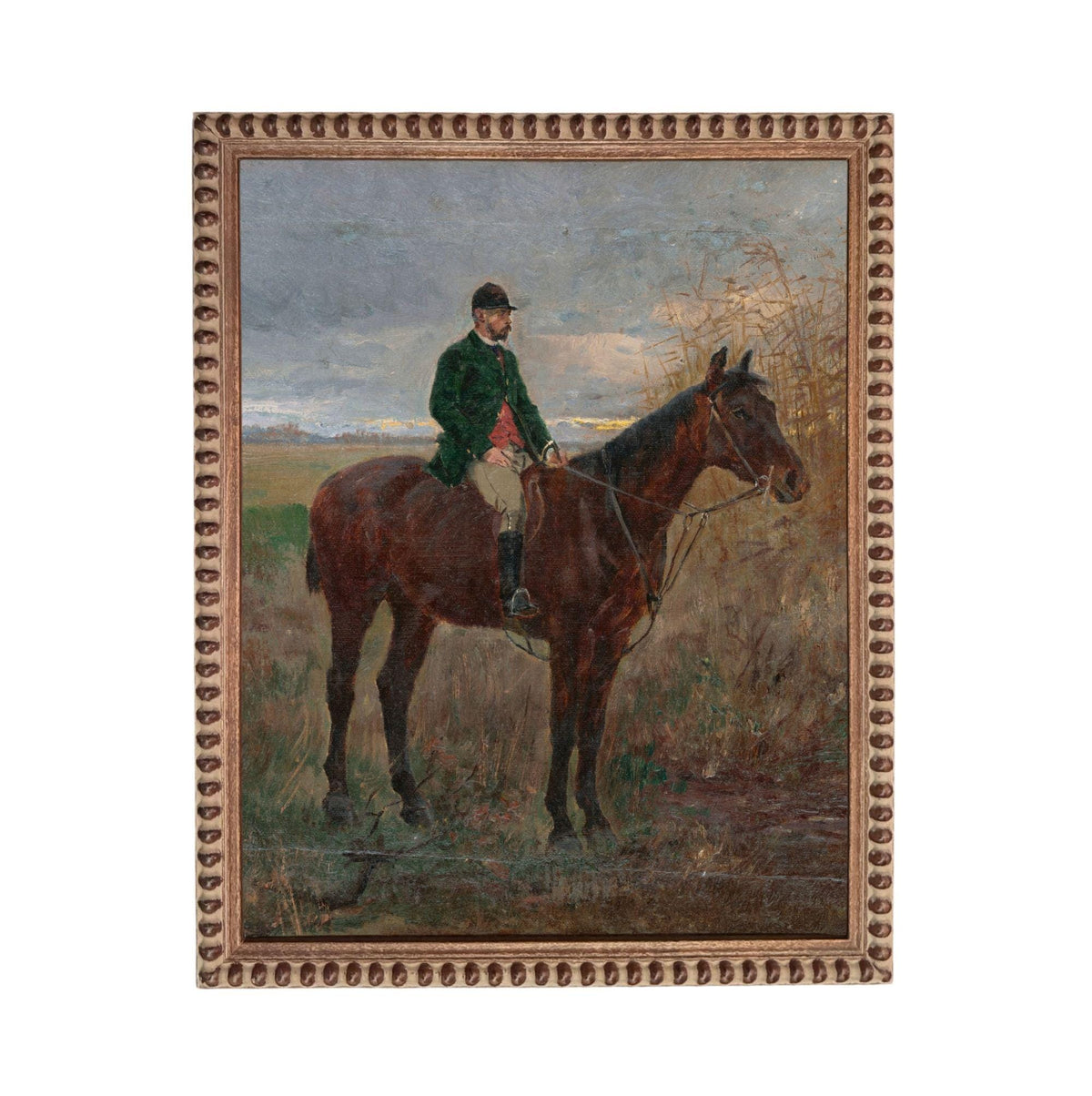 A man in a green jacket is riding a brown horse in a field, with a cloudy sky in the background.