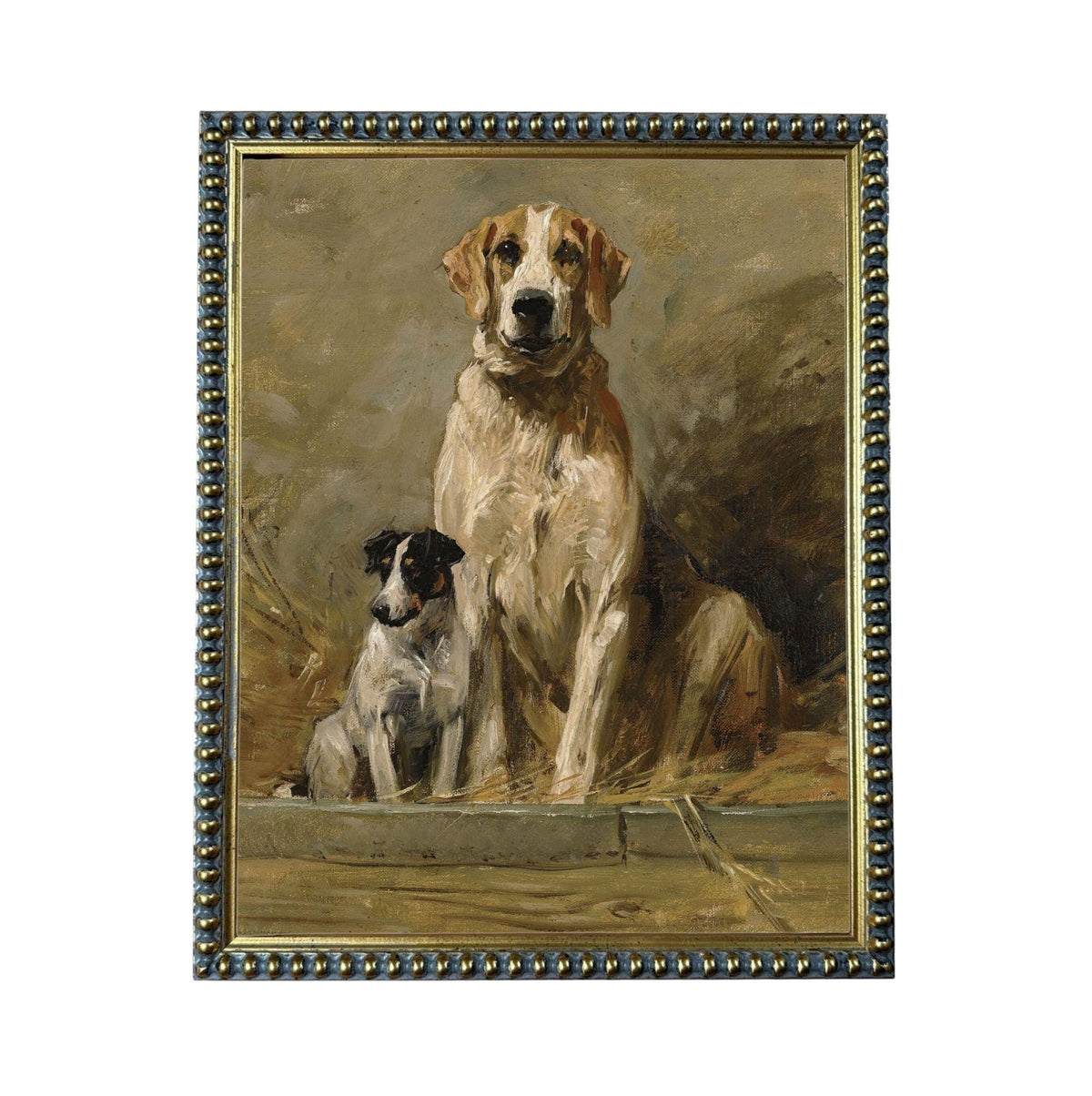 two dogs, one large and one small, sitting together in a natural setting.