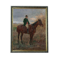 A painting of a man riding a horse in a field, with a cloudy sky in the background.
