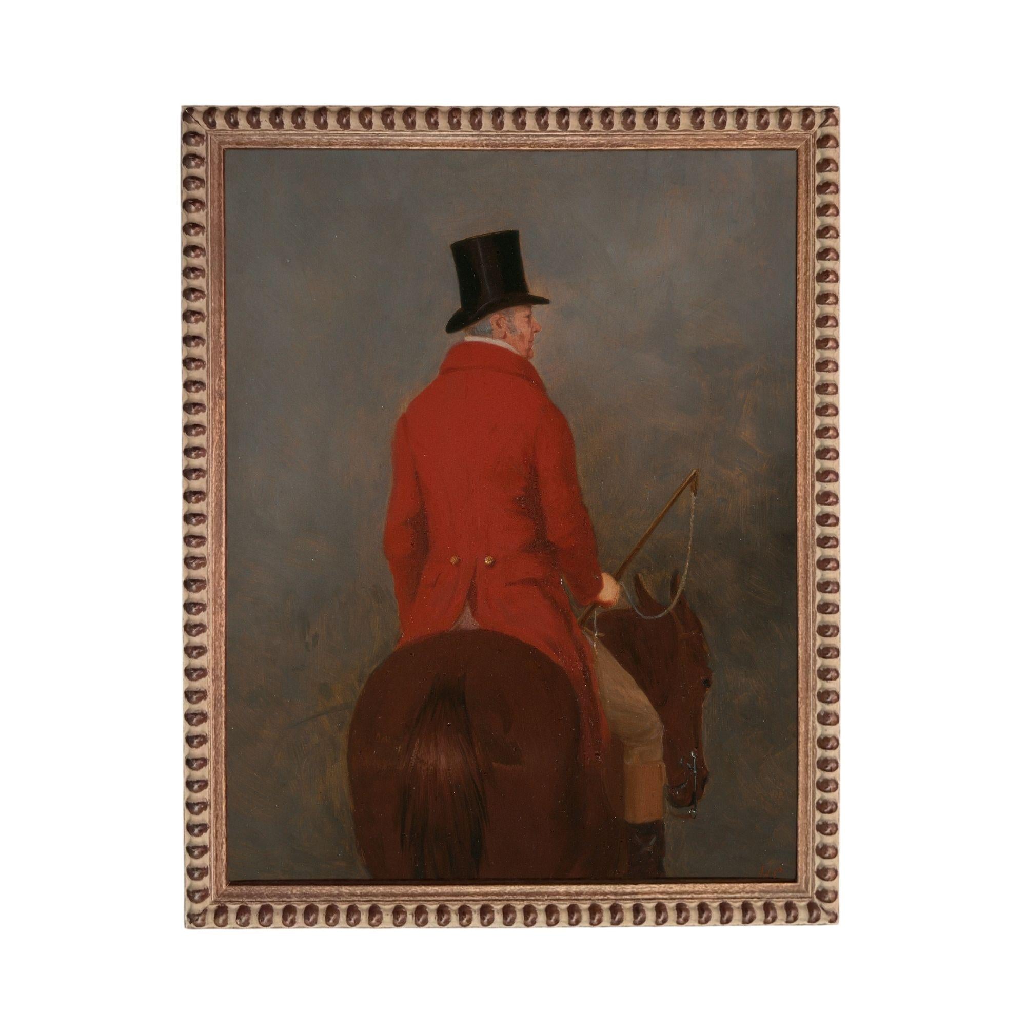 A man wearing a red coat and top hat is riding a brown horse.