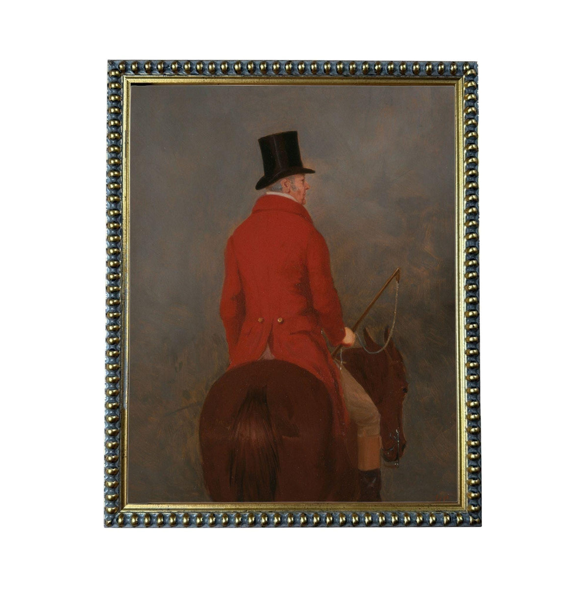 A man wearing a red coat and top hat is riding a brown horse.
