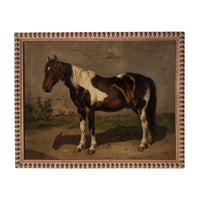 A painting of a horse standing in a field, with a rustic background.