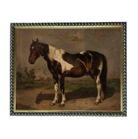 A painting of a brown and white horse standing in a field, with a brick wall in the background.