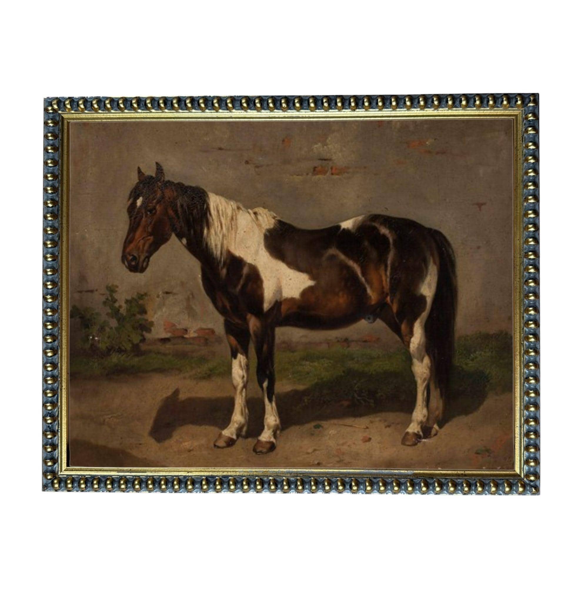 A painting of a brown and white horse standing in a field, with a brick wall in the background.