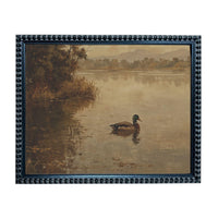 A painting of a duck swimming in a calm lake, surrounded by trees and mountains in the background.