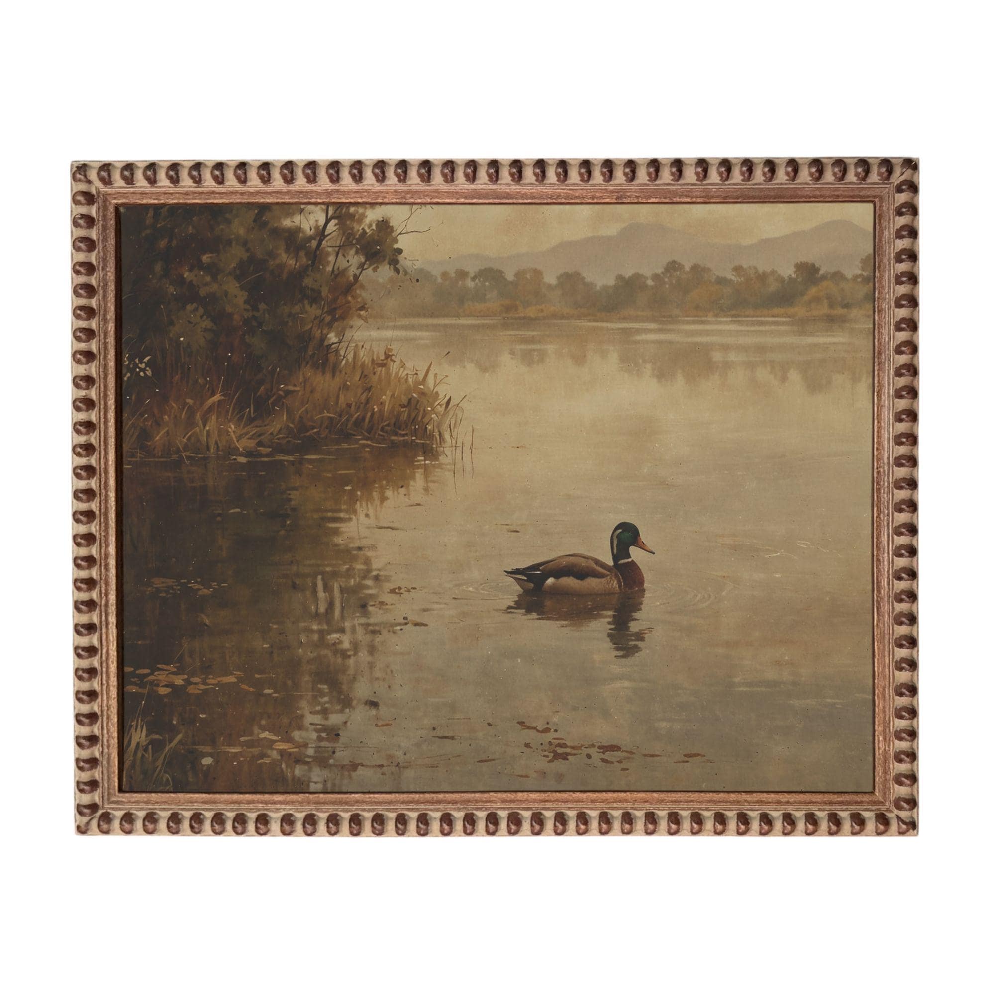 A painting of a duck swimming in a lake, surrounded by trees and mountains in the background.