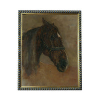 The image is a painting of a horse's head, with a brown and black color palette.