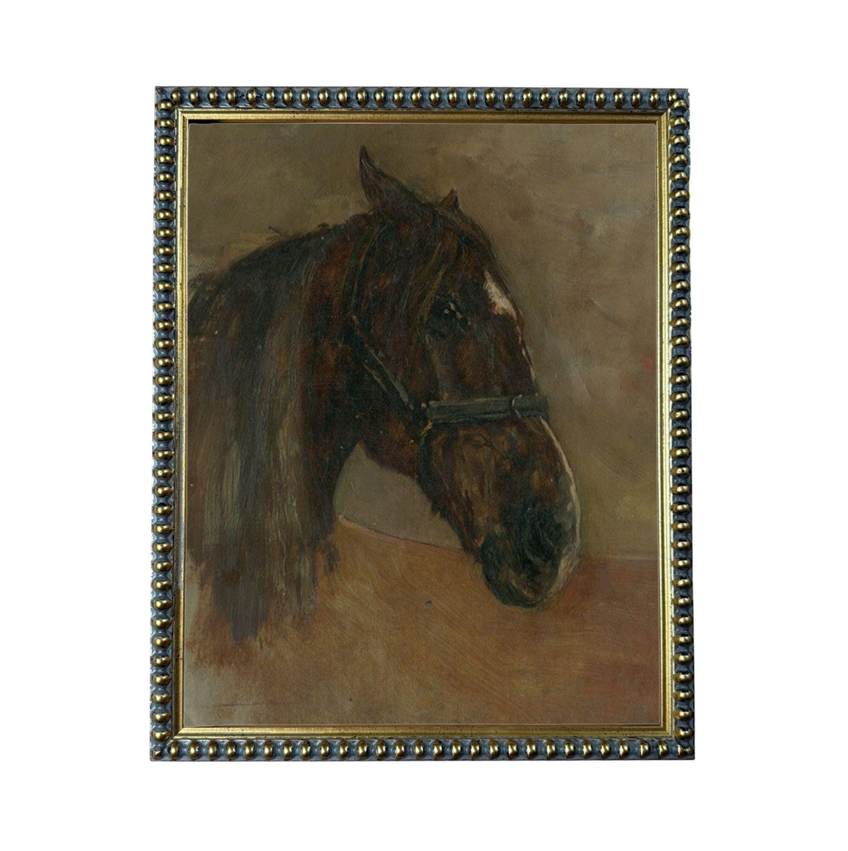 The image is a painting of a horse's head, with a brown and black color palette.