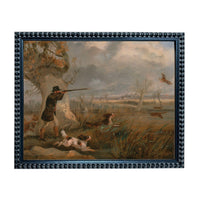 A painting depicting a man in hunting attire aiming a rifle at a bird in flight, with two dogs in the foreground.