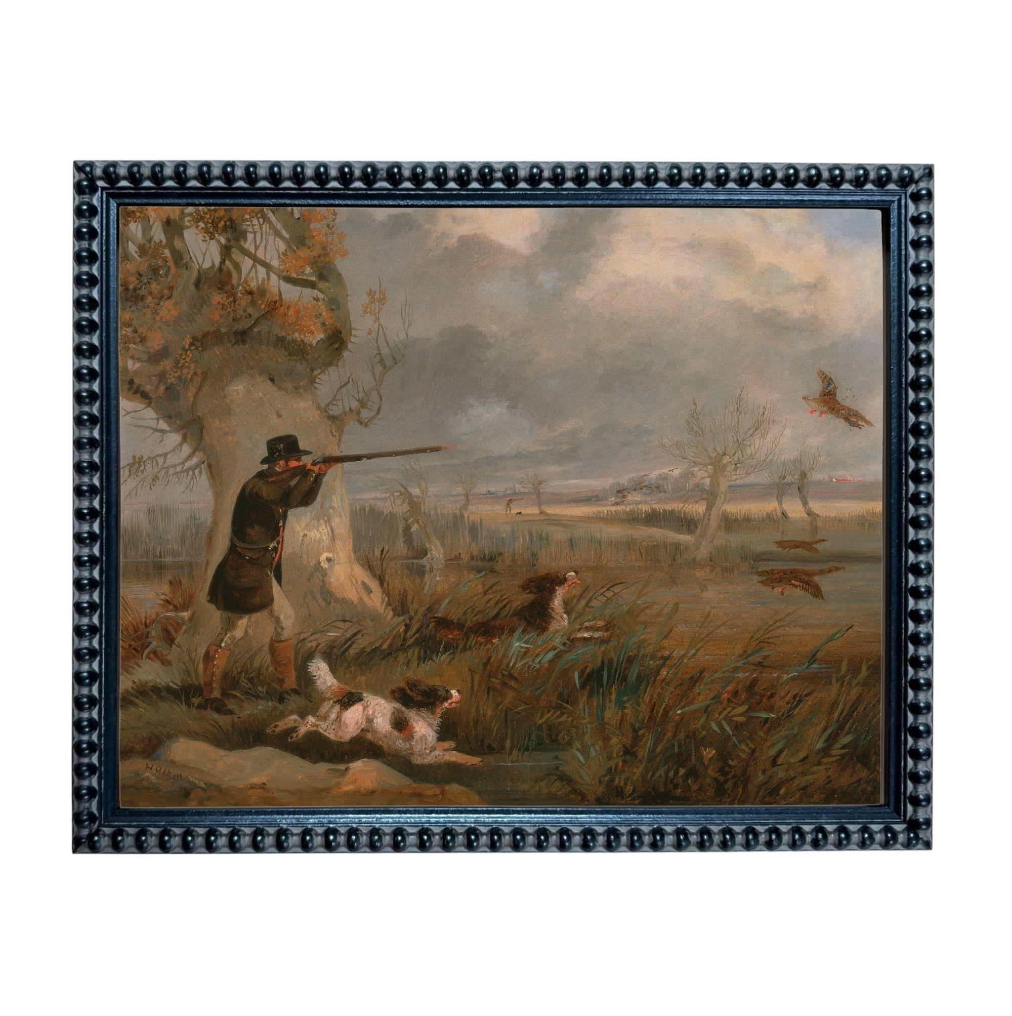 A painting depicting a man in hunting attire aiming a rifle at a bird in flight, with two dogs in the foreground.