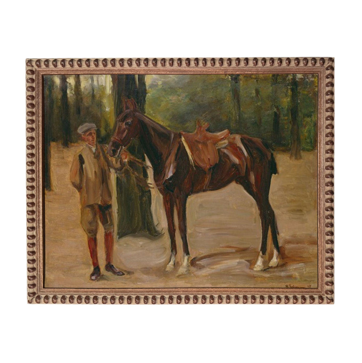 A man in a hat and brown jacket stands next to a brown horse in a forest setting.
