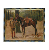 A painting of a man in a hat and coat standing next to a horse in a forest setting.