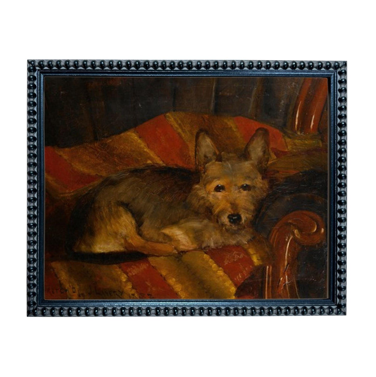 A painting of a dog resting on a colorful blanket, with a wooden chair visible in the background.