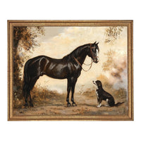 READY TO SHIP 24X36 Vintage Framed Canvas Print: Horse and Dog Equestrian Art #A-202
