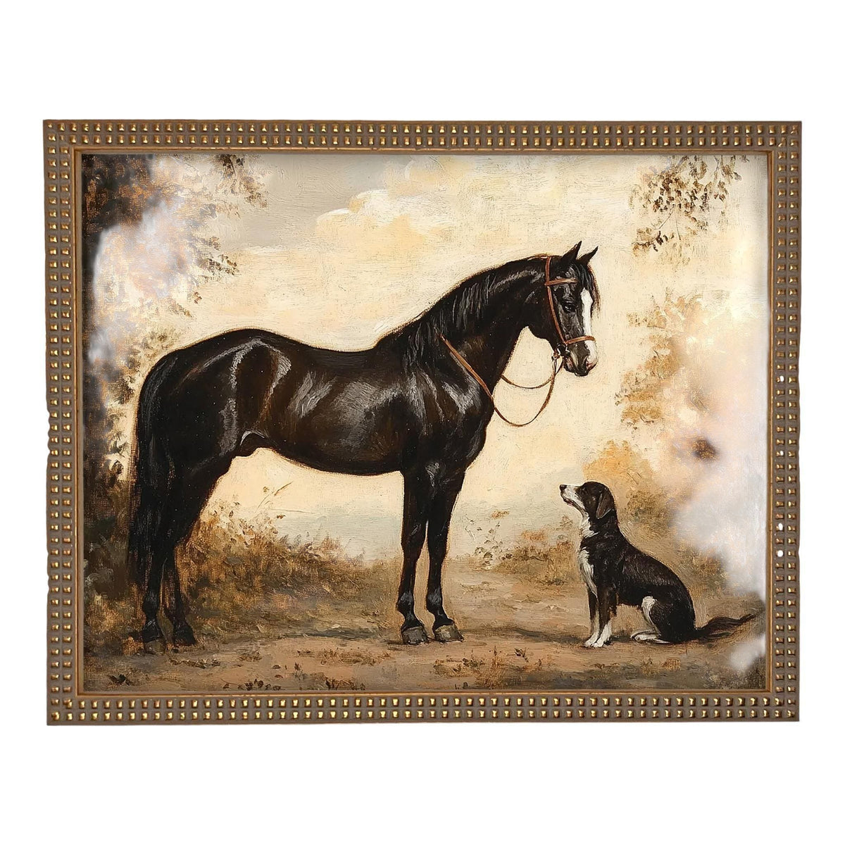 Vintage Framed Canvas Print: Horse and Dog Equestrian Art #A-202