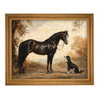 READY TO SHIP 24X36 Vintage Framed Canvas Print: Horse and Dog Equestrian Art #A-202