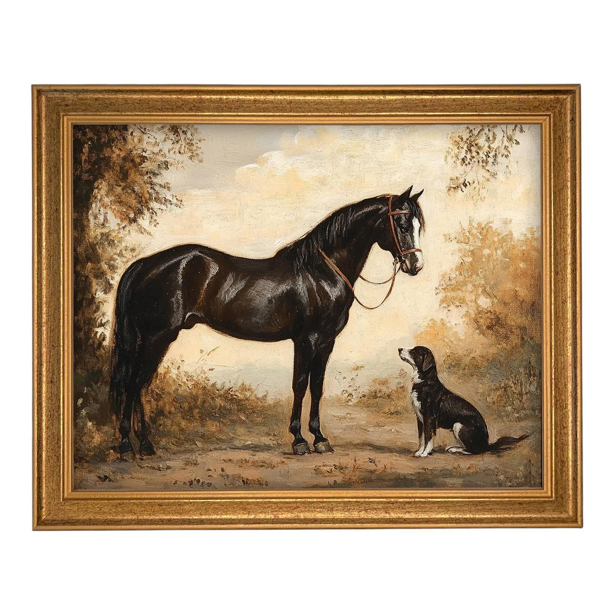 READY TO SHIP 24X36 Vintage Framed Canvas Print: Horse and Dog Equestrian Art #A-202