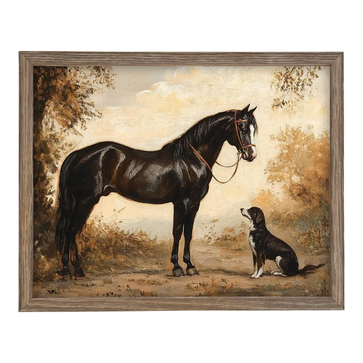 READY TO SHIP 24X36 Vintage Framed Canvas Print: Horse and Dog Equestrian Art #A-202