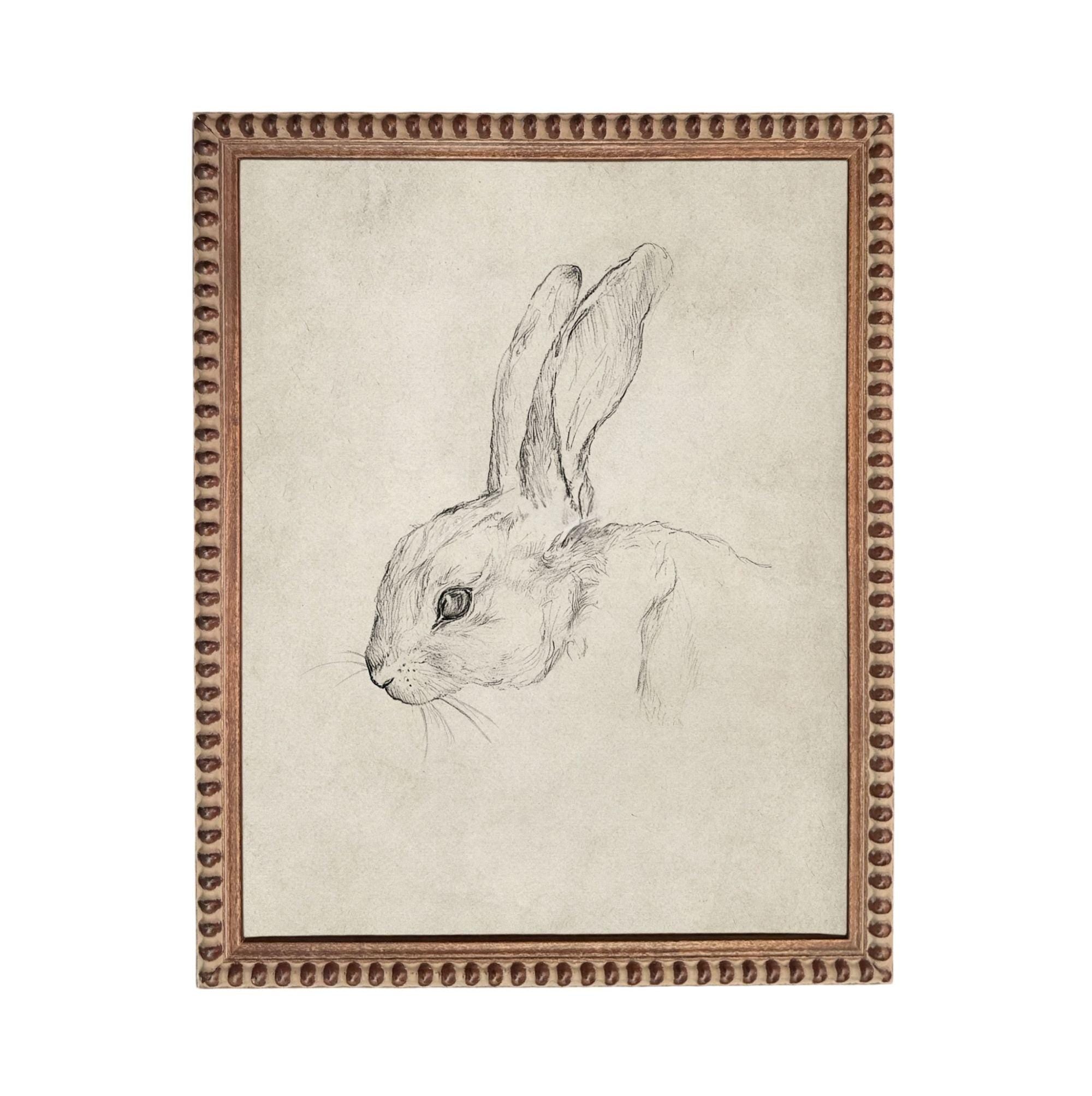 A framed drawing of a rabbit's head in black and white.