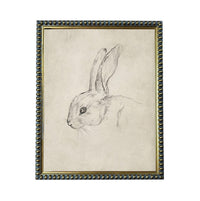 A framed drawing of a rabbit's head in black and white.