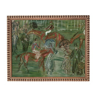 The image is a painting depicting a lively scene of people and horses in a green field.