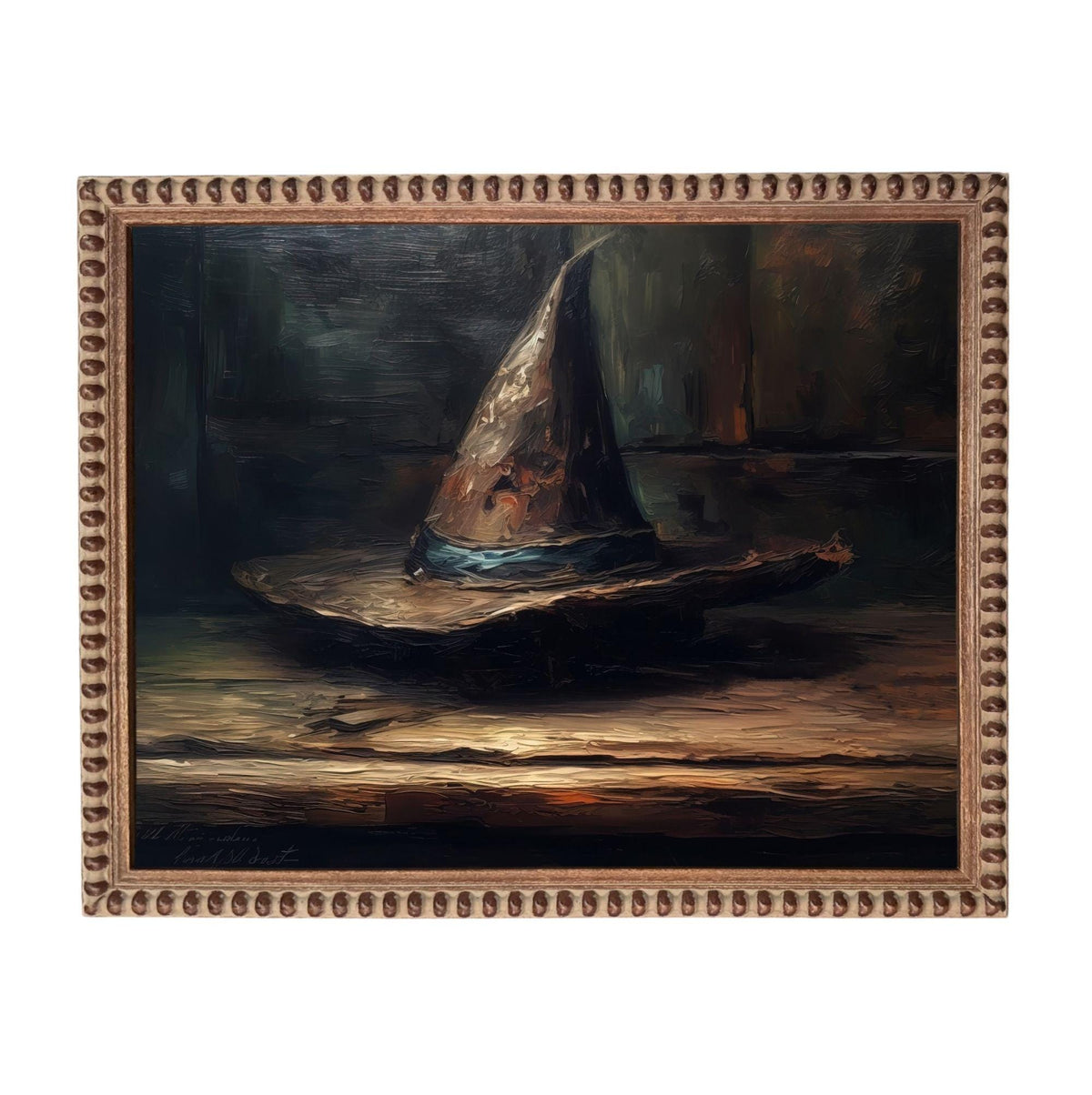 The image is a painting of a hat, possibly a witch's hat, sitting on a wooden surface.