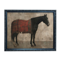 A framed painting depicting a black horse standing against a plain background.