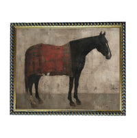 A painting of a horse wearing a red blanket.