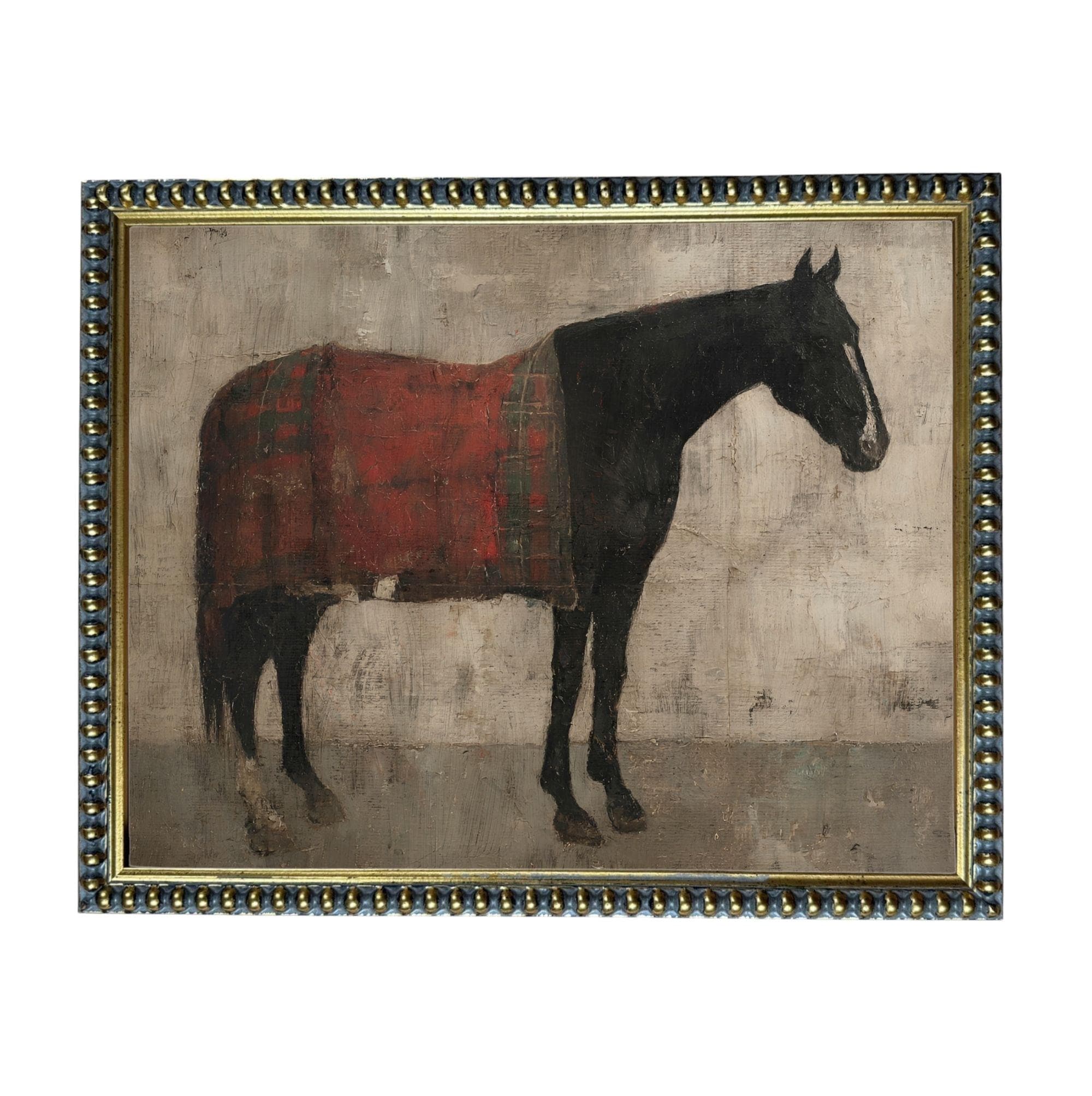 A painting of a horse wearing a red blanket.
