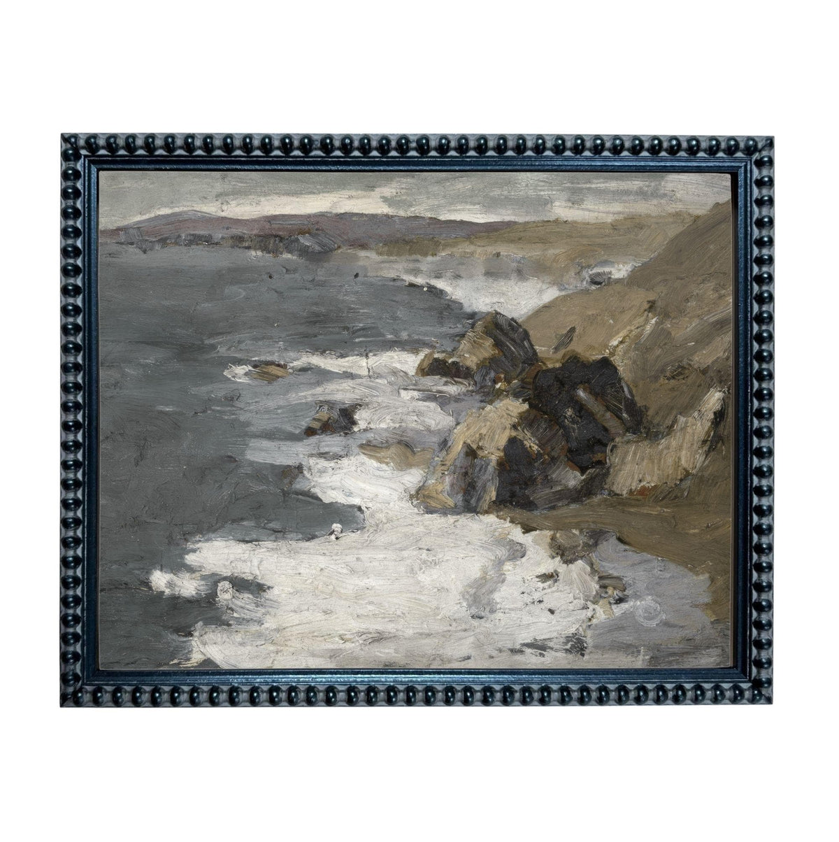 The image is a framed painting depicting a rocky coastline with crashing waves.