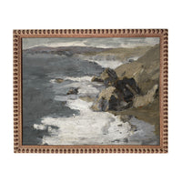 The image is a painting of a rocky coastline with crashing waves, set against a cloudy sky.