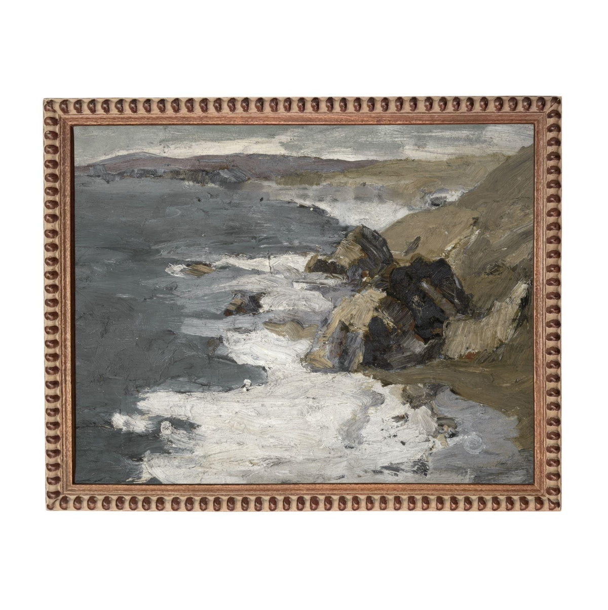 The image is a painting of a rocky coastline with crashing waves, set against a cloudy sky.
