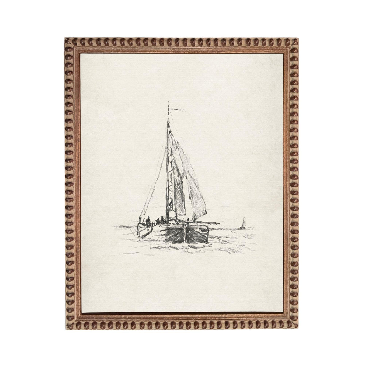 A framed illustration depicting a sailboat on the water.
