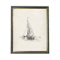 A framed illustration of a sailboat on the water.