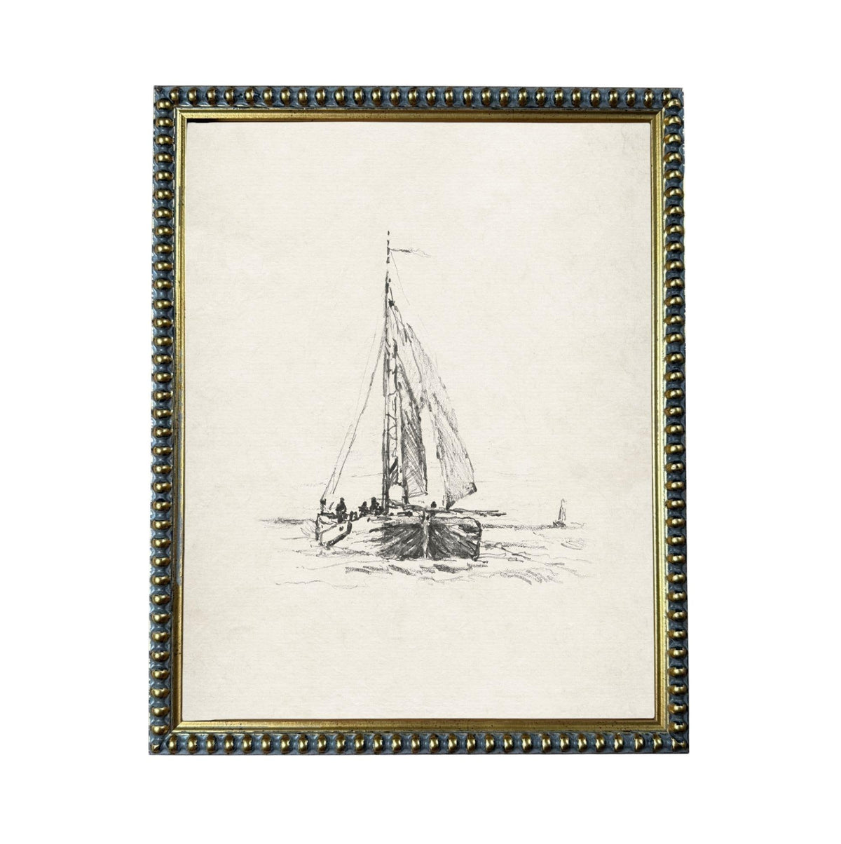 A framed illustration of a sailboat on the water.