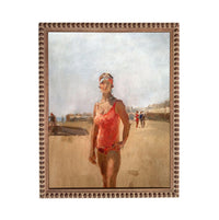 The image is a painting of a woman wearing a red swimsuit, standing on a beach with other people in the background.