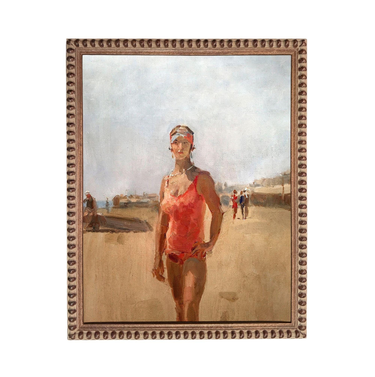 The image is a painting of a woman wearing a red swimsuit, standing on a beach with other people in the background.