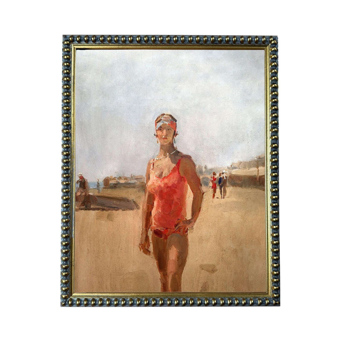 The image is a painting of a woman wearing a red swimsuit, standing on a beach with a cloudy sky in the background.