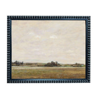 The image is a framed painting depicting a serene landscape with a field, trees, and a cloudy sky.