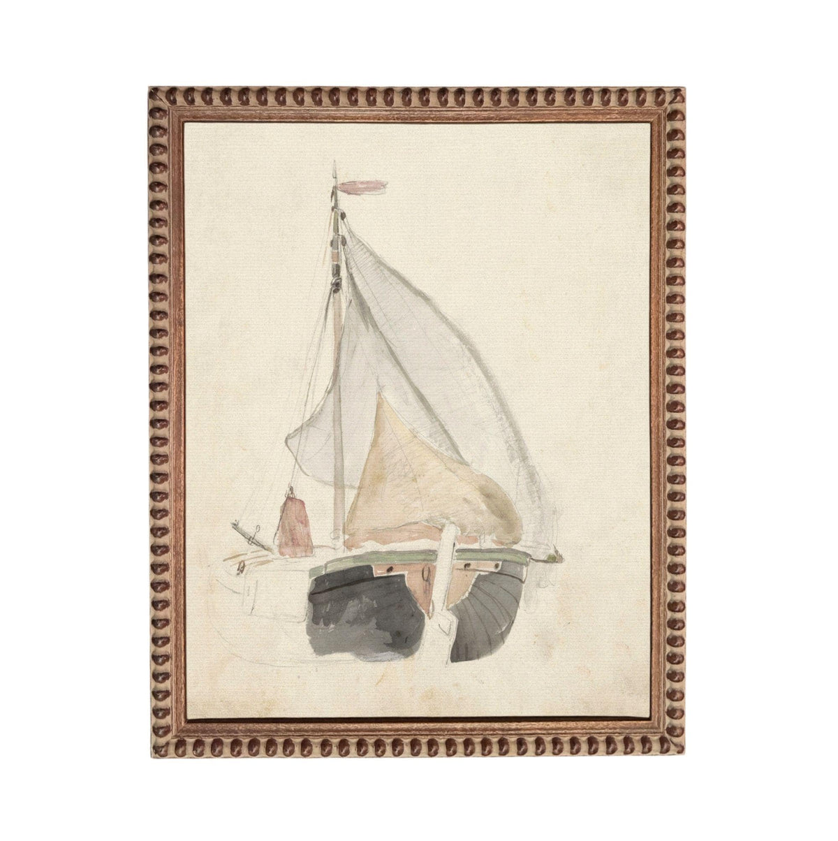 A framed painting depicting a sailboat on the water.